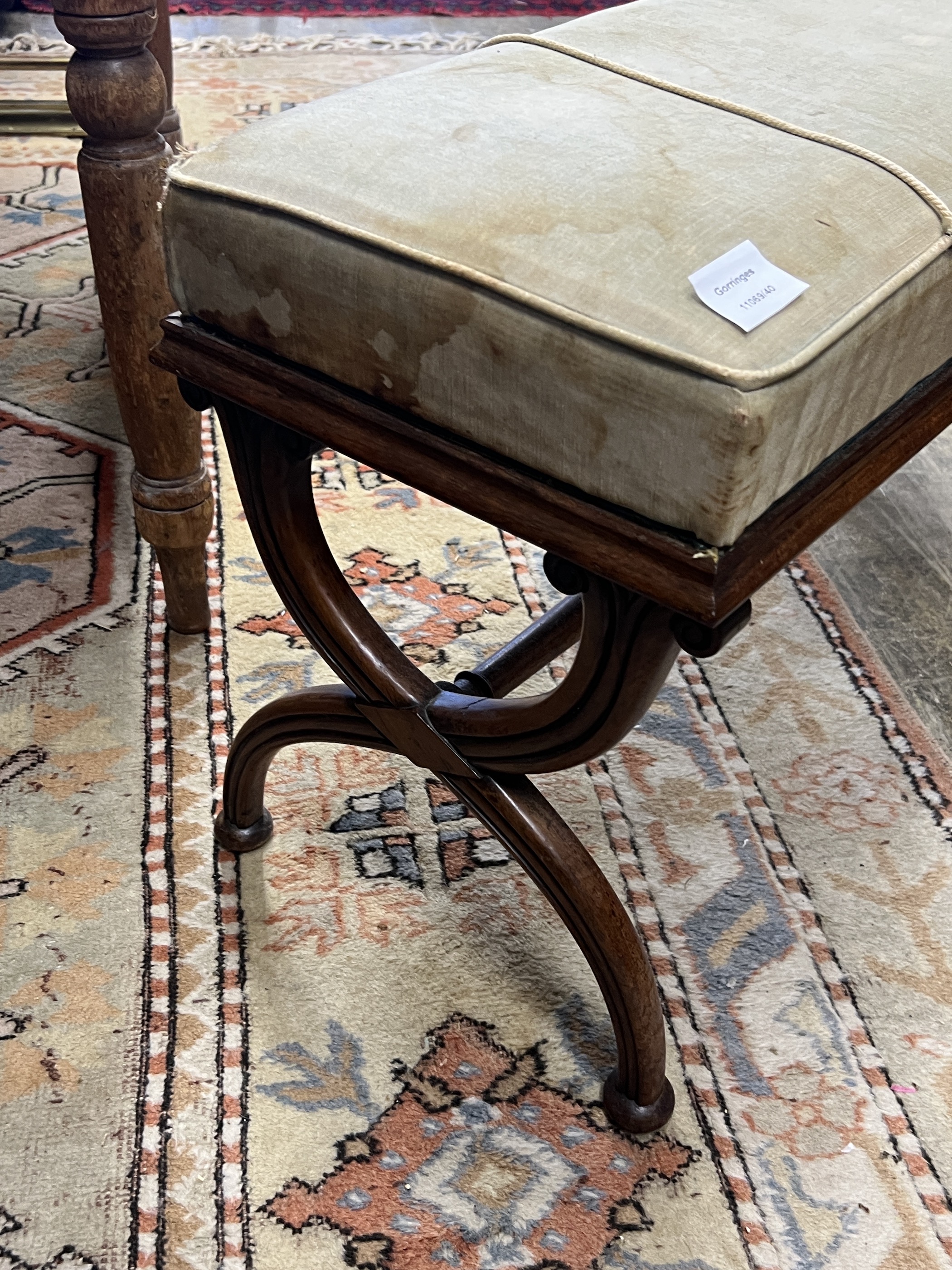 A Regency rosewood X-framed window seat, width 80cm, depth 34cm, height 48cm